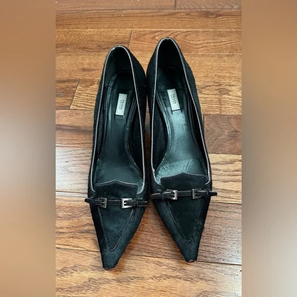 PRADA - Glossy Black Buckle Pointed Toe Pony Hair Low Heel Pumps Sz 41 US 11 - Picture 2 of 12